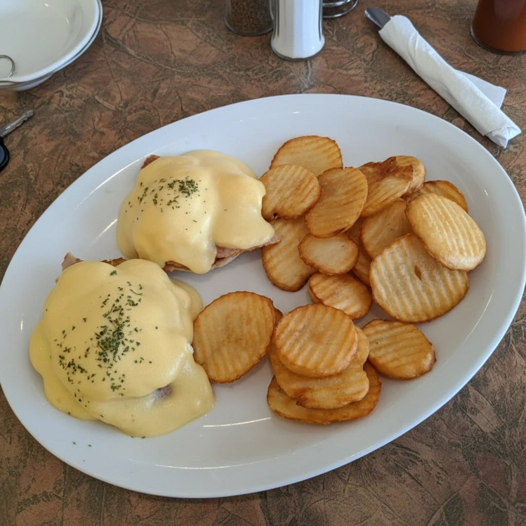 Eggs Benedict with peameal bacon and hollandaise at Sunset Cafe, St. Thomas, ON